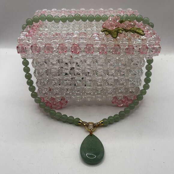NEW Green Adventurine Beaded Necklace &  Pendant w/Crystal Clasps. - Picture 1 of 5